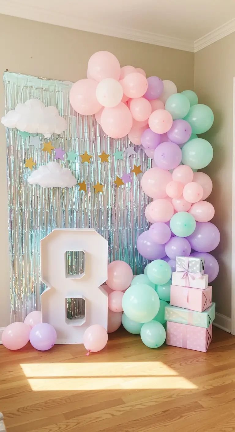 Photobooth pastel avec un rideau irisé, des ballons roses, violets et verts, et un grand chiffre 8.