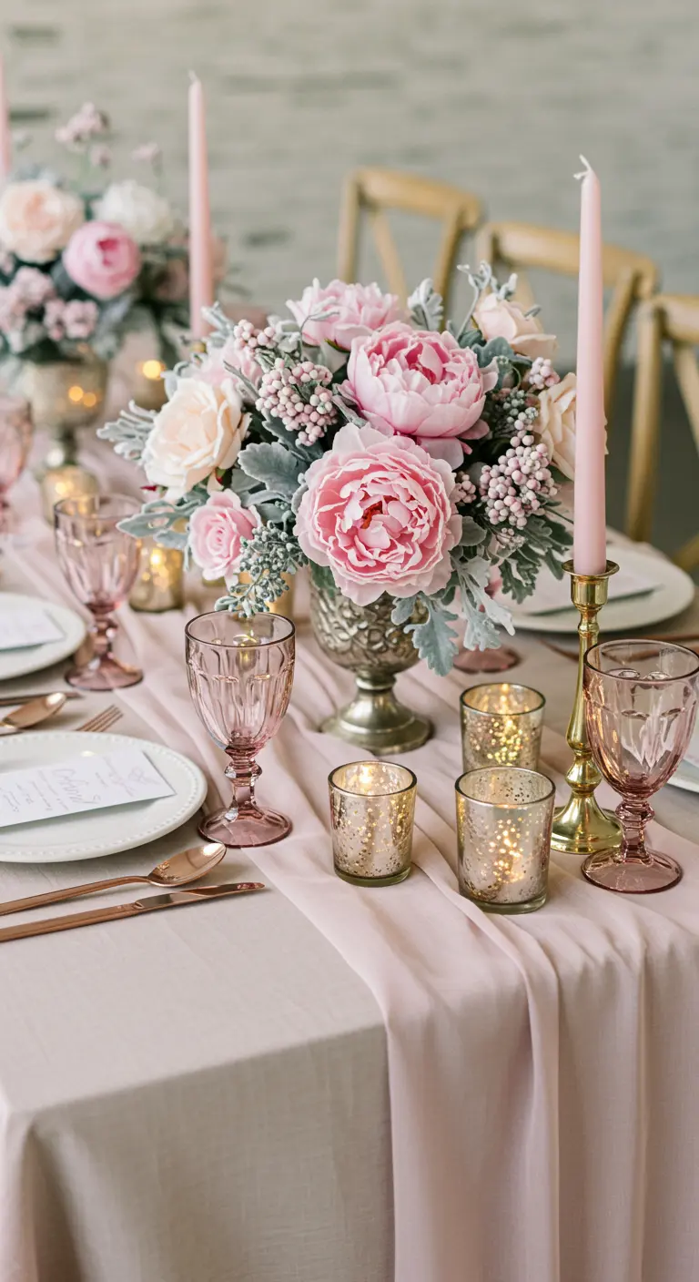 Table de fête rose poudré avec pivoines et bougeoirs dorés.