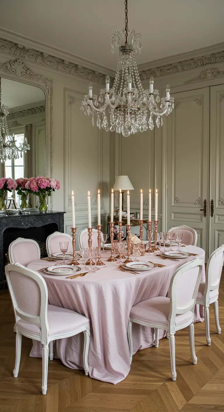 Table de fête élégante avec une nappe rose poudré, des chaises blanches et des bougeoirs cuivrés.