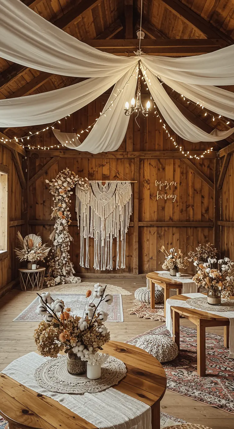 Décoration d'anniversaire bohème dans une grange en bois avec voilages.