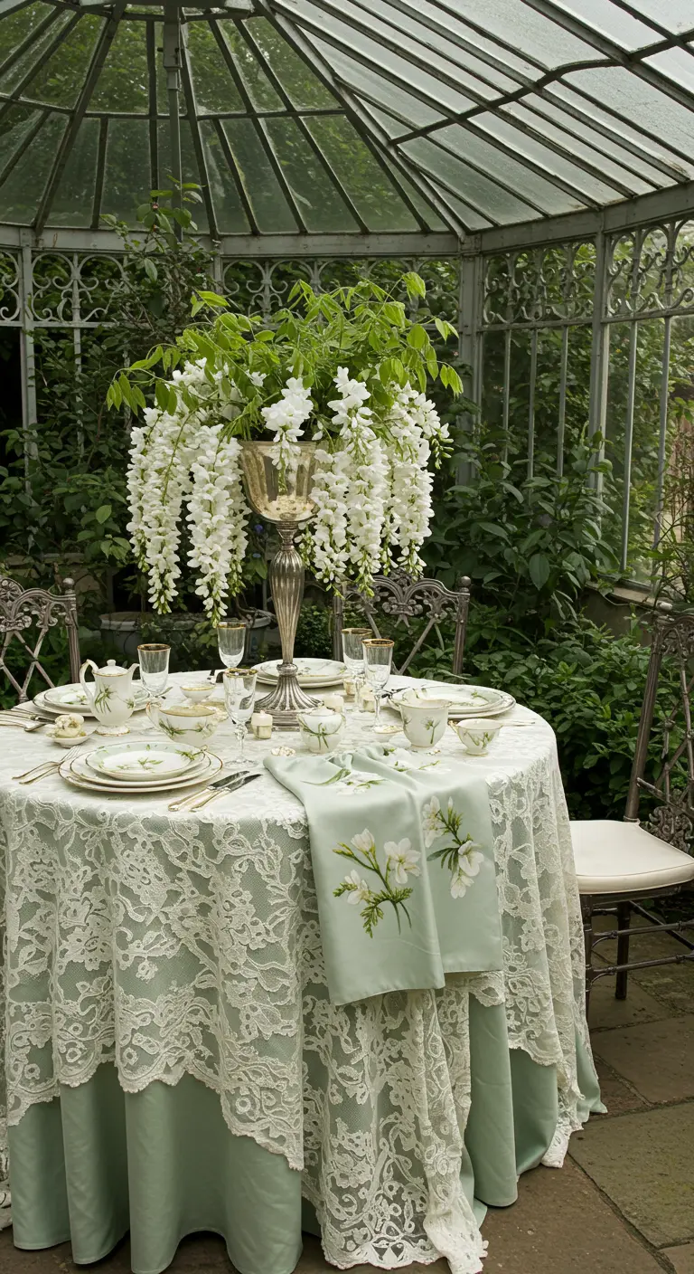 Table de jardin vintage avec nappe en dentelle et une cascade de glycines blanches.