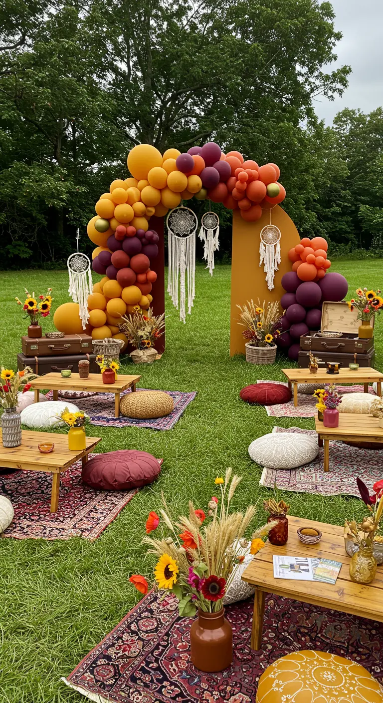 Fête bohème en plein air avec arche de ballons aux tons terreux, attrape-rêves et coussins.