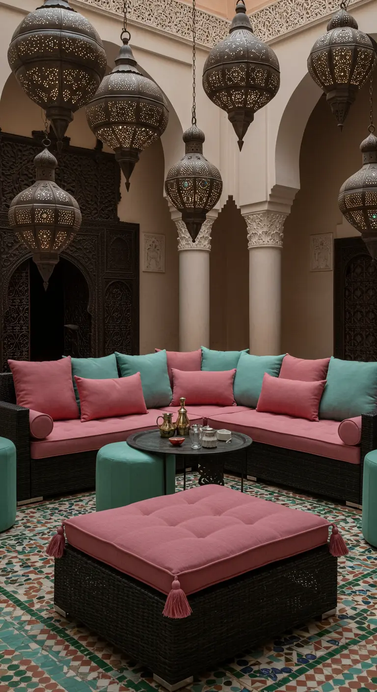 Salon d'angle en rotin noir avec coussins roses et turquoise dans un riad marocain avec des lanternes suspendues.