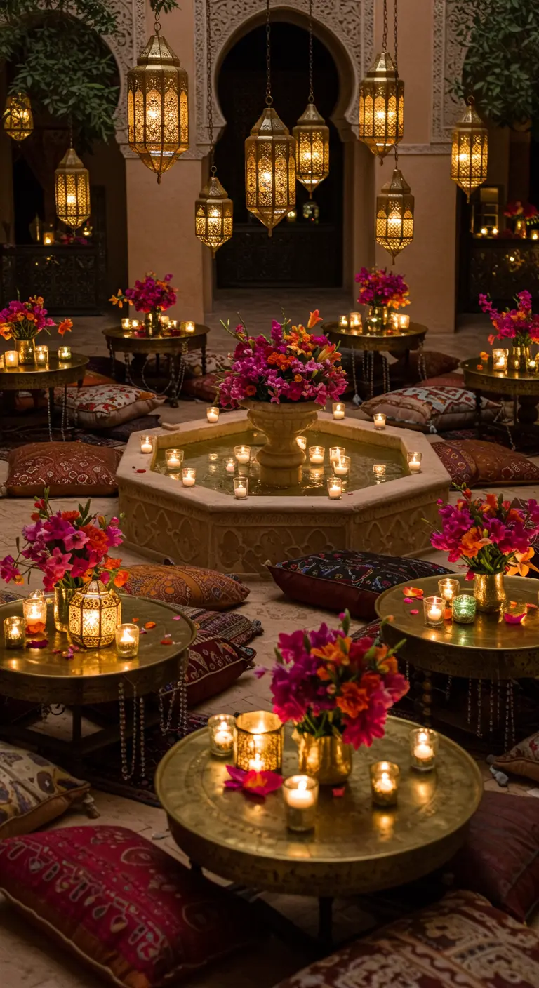 Décor marocain avec tables basses, coussins au sol, lanternes et bougies.