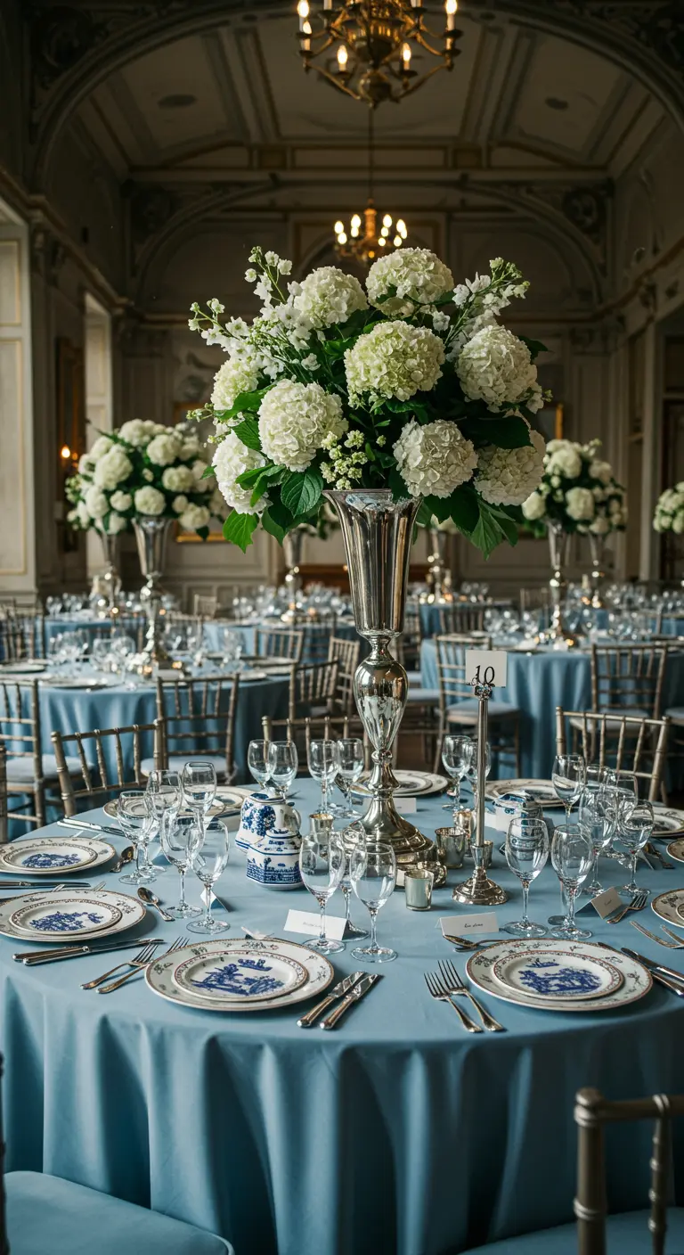 Table de mariage élégante avec nappe bleue, vaisselle chinoiserie et grands bouquets d'hortensias.