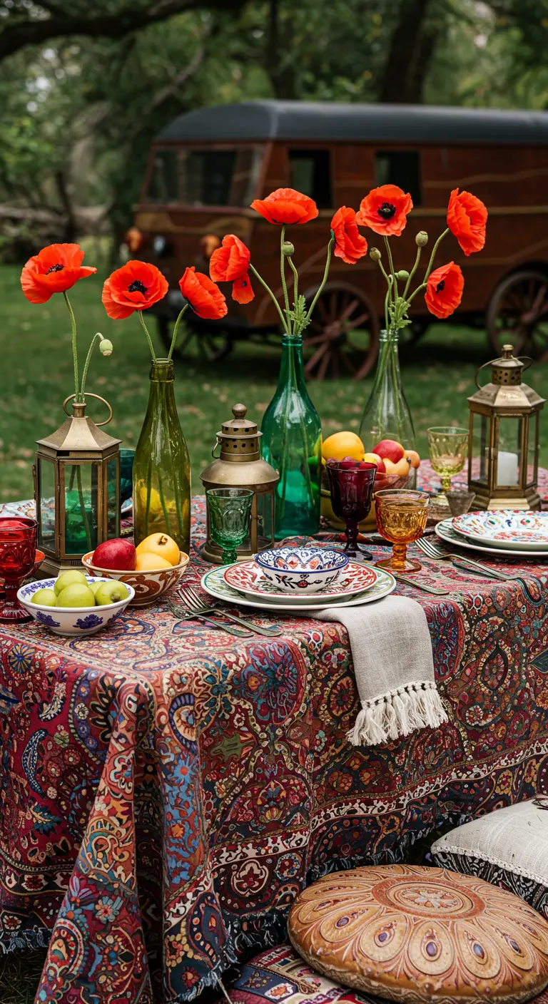 Table de pique-nique gipsy avec une nappe à motifs, des bouteilles colorées et des coquelicots.