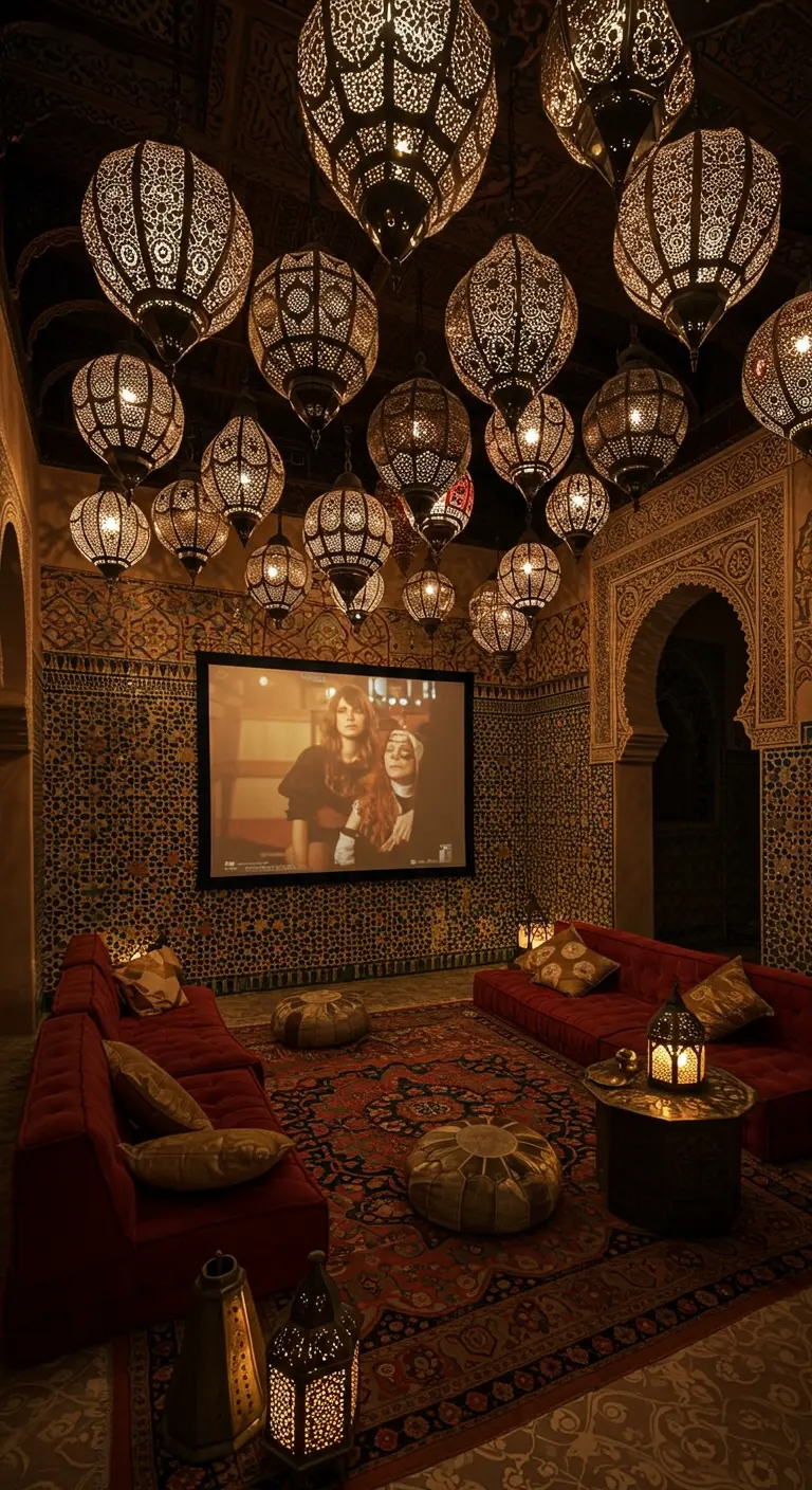 Salon de style marocain avec de nombreuses lanternes suspendues, des tapis et un écran.