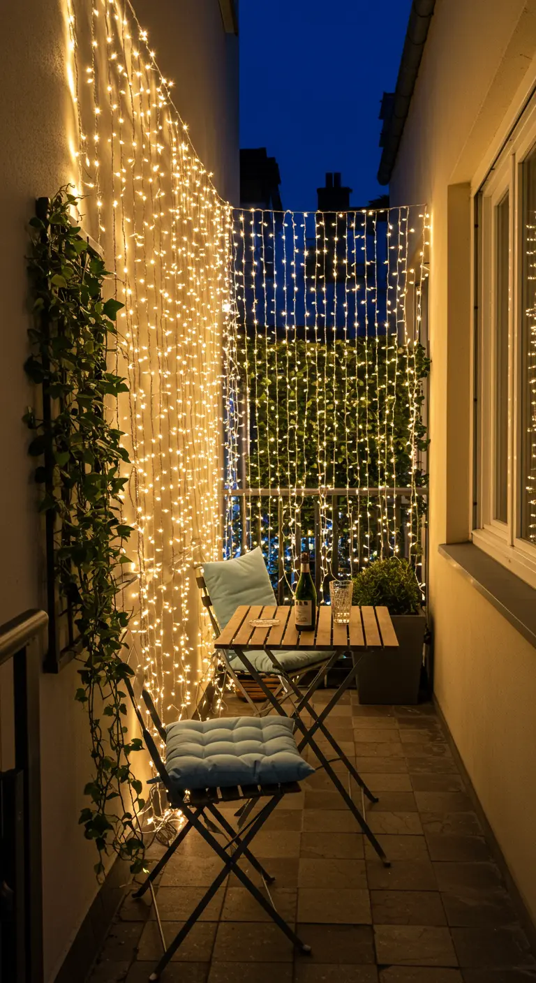 Petit balcon transformé avec un rideau de lumières féeriques, une table et deux chaises.