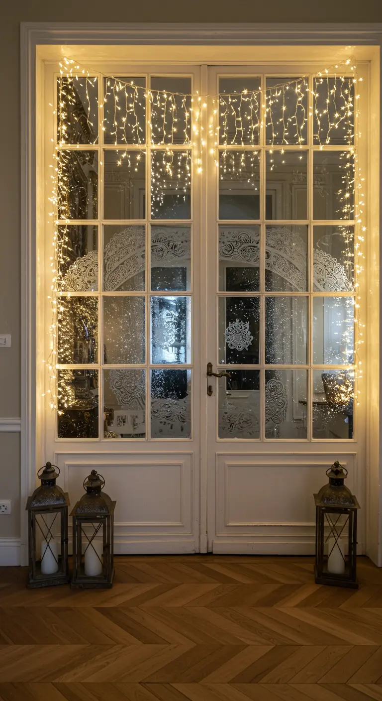 Porte-fenêtre encadrée d'un rideau de lumières LED chaudes, avec des lanternes au sol.