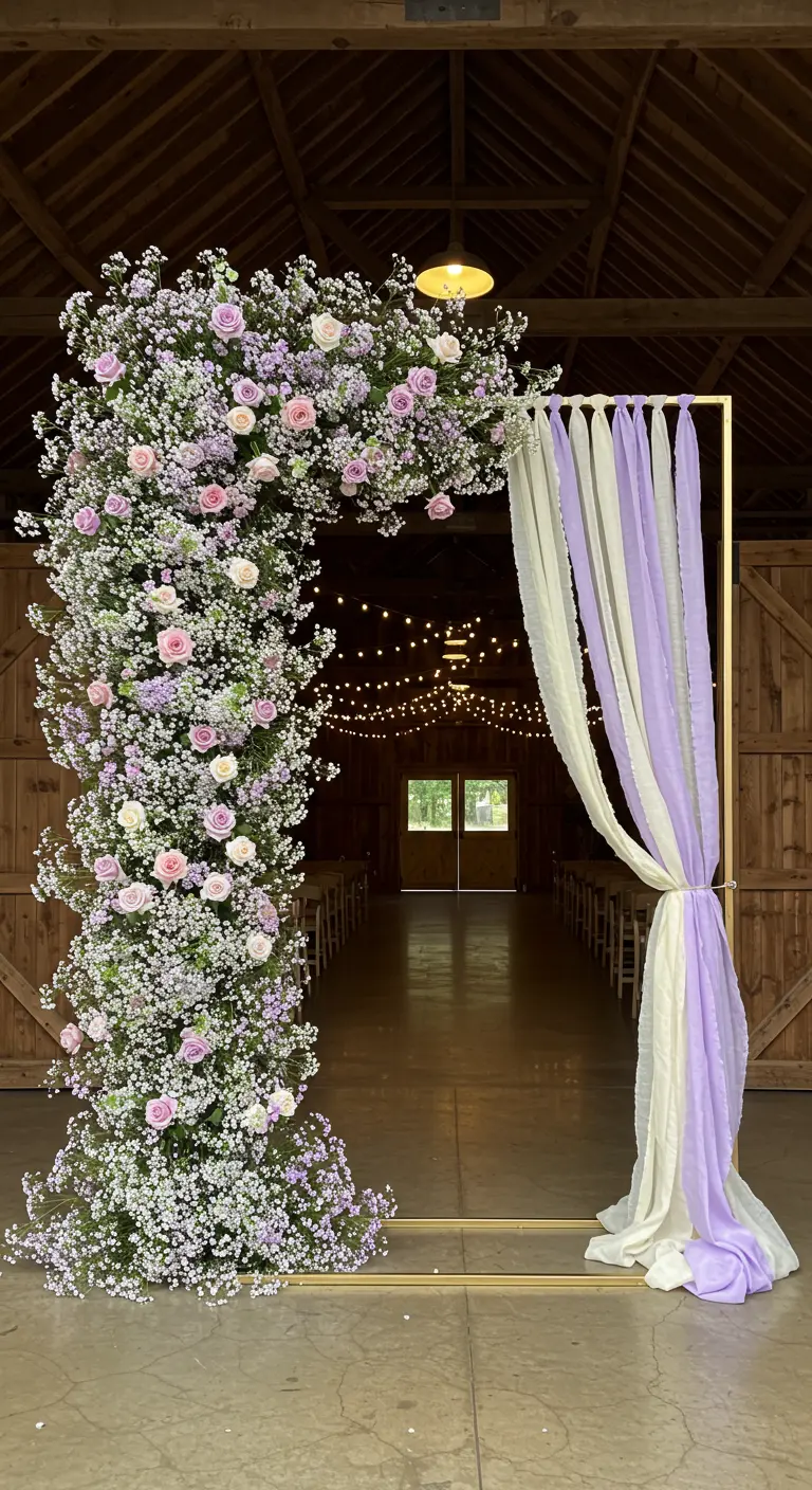 Arche florale asymétrique avec un rideau parme et blanc à l'entrée d'une grange.