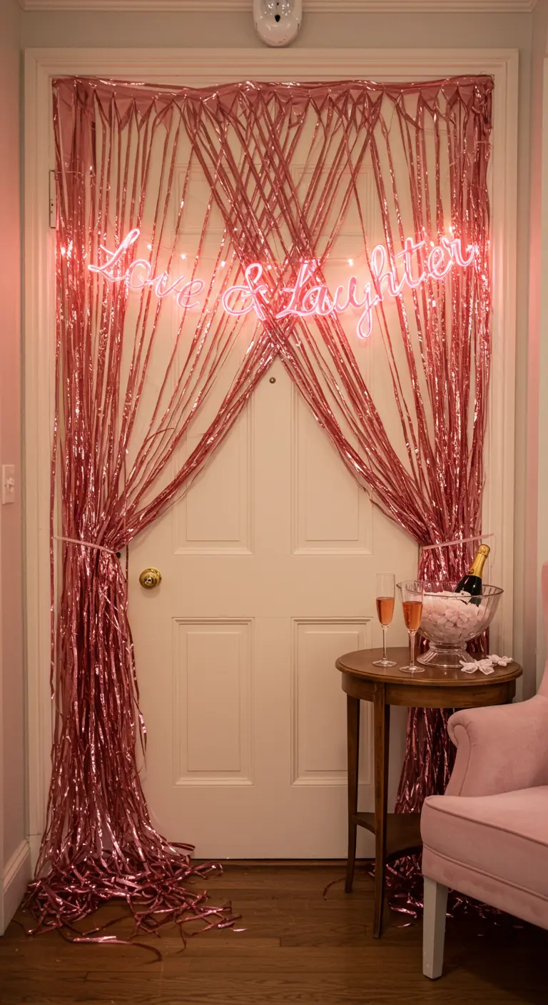 Porte blanche avec rideau de franges roses métalliques et néon 