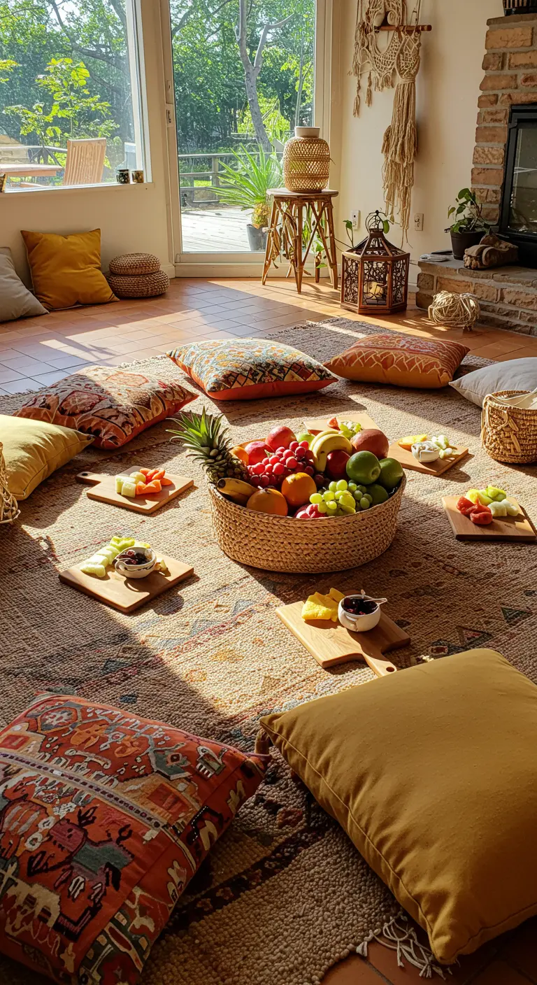 Corbeille de fruits exotiques au centre d'un tapis berbère, entourée de coussins de sol et planches individuelles.