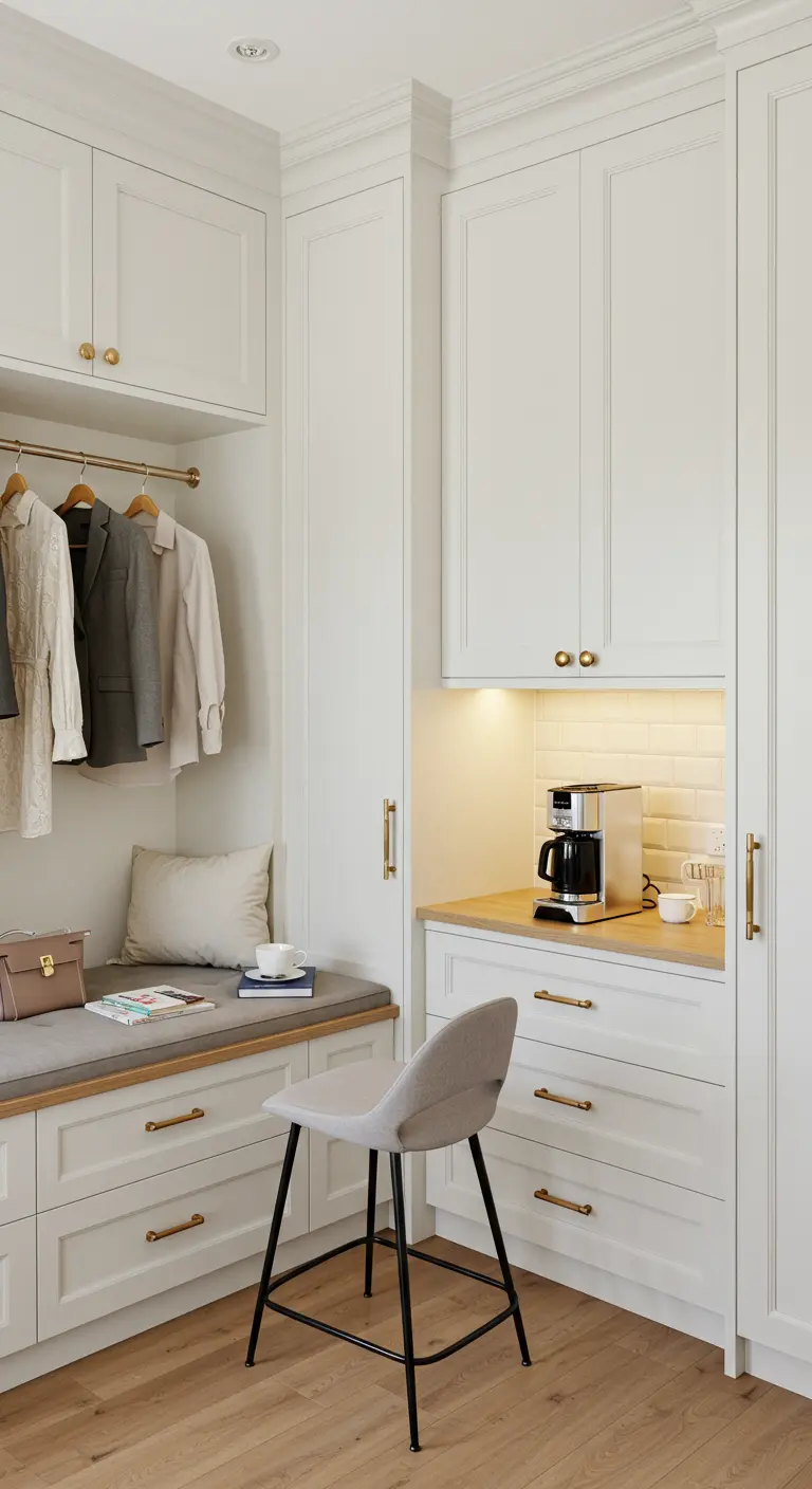 Dressing blanc avec banquette intégrée, coin café et poignées dorées.