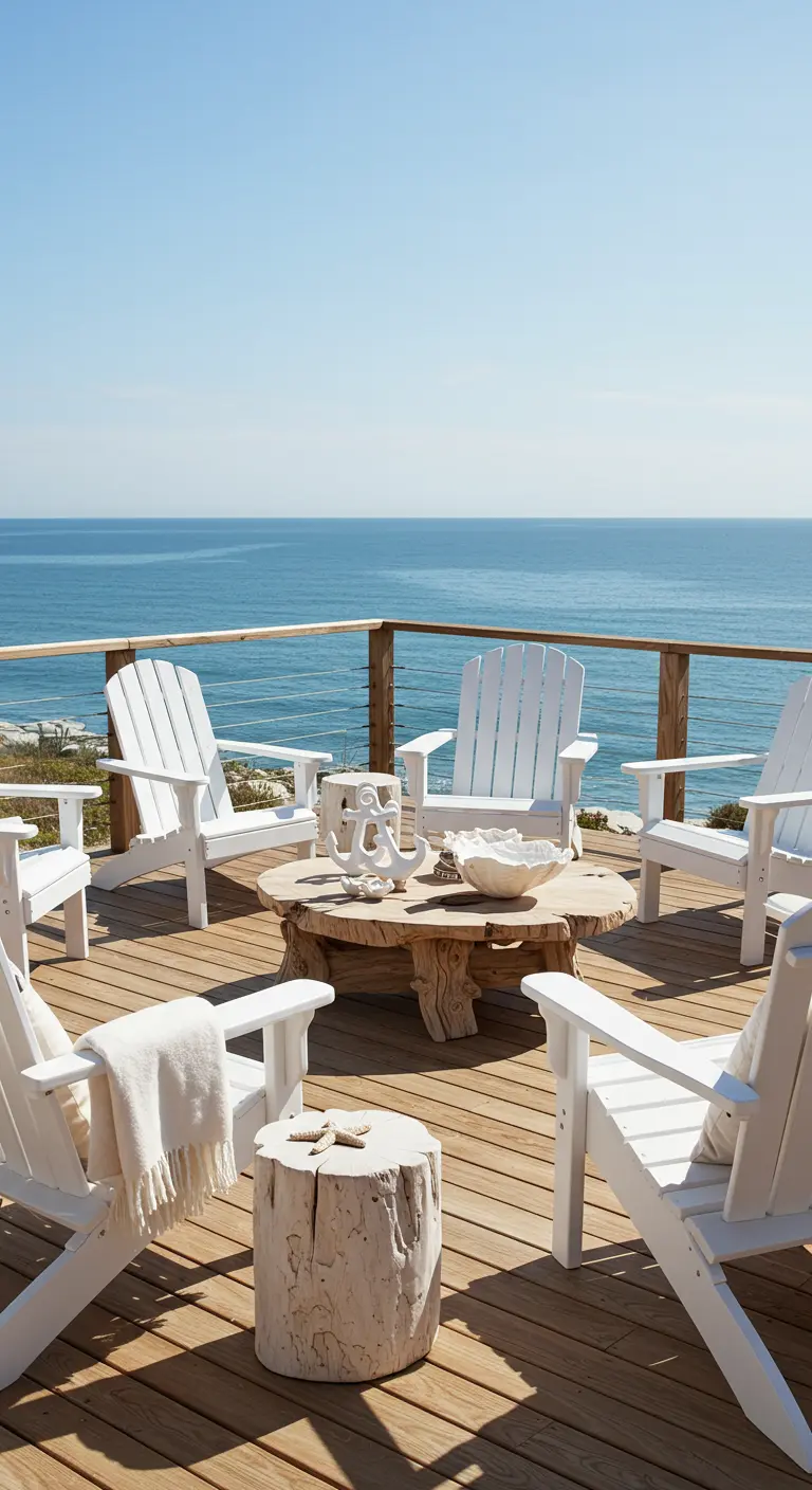 Chaises Adirondack blanches sur une terrasse en bois face à l'océan, table basse en bois brut.
