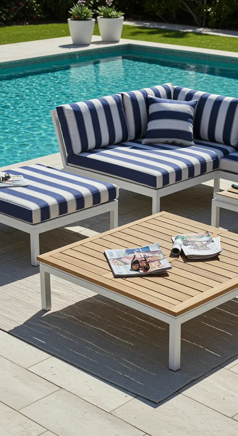 Salon d'extérieur à rayures bleues et blanches au bord d'une piscine.