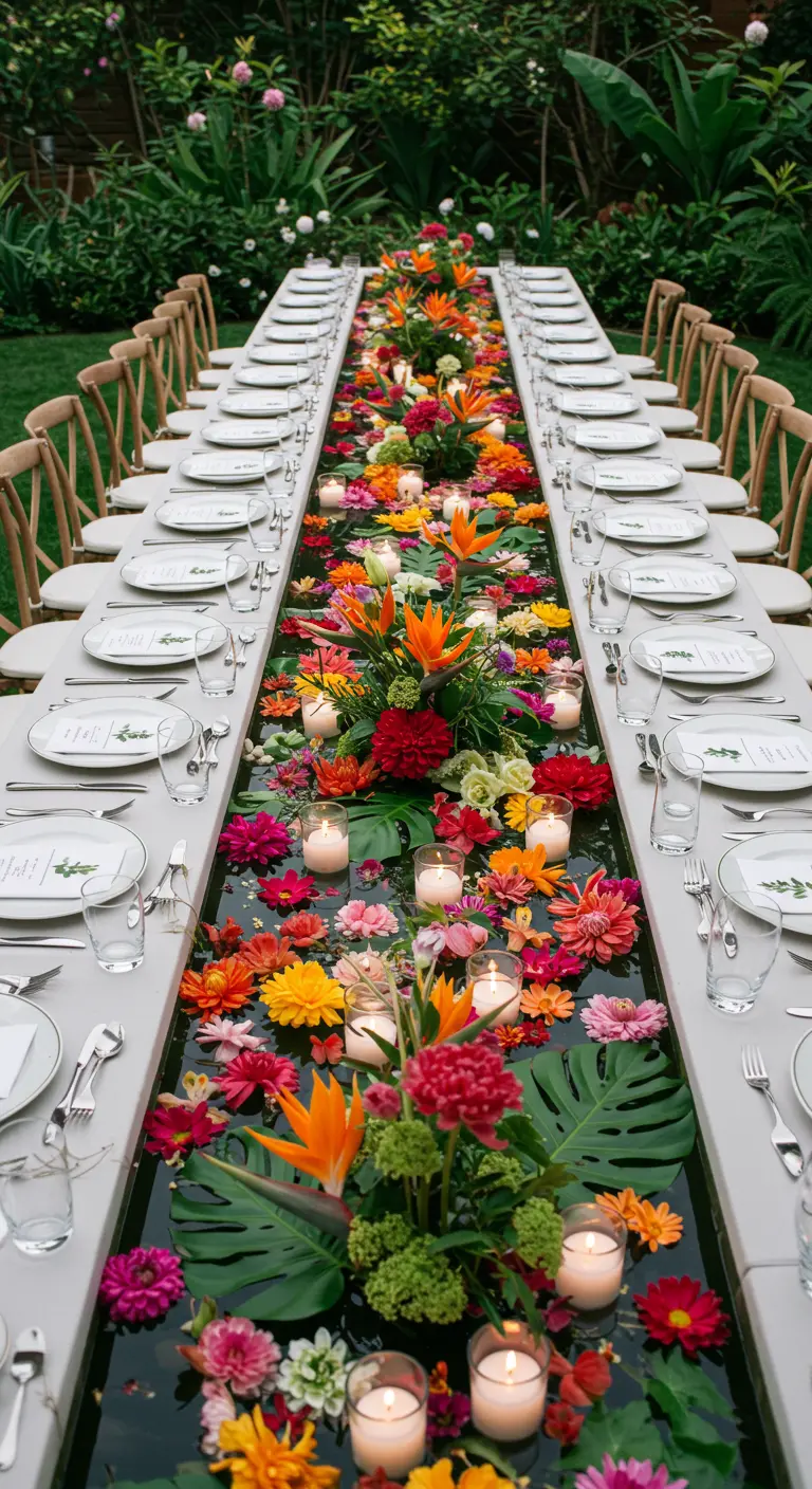 Très longue table de banquet avec un chemin de table aquatique fleuri.