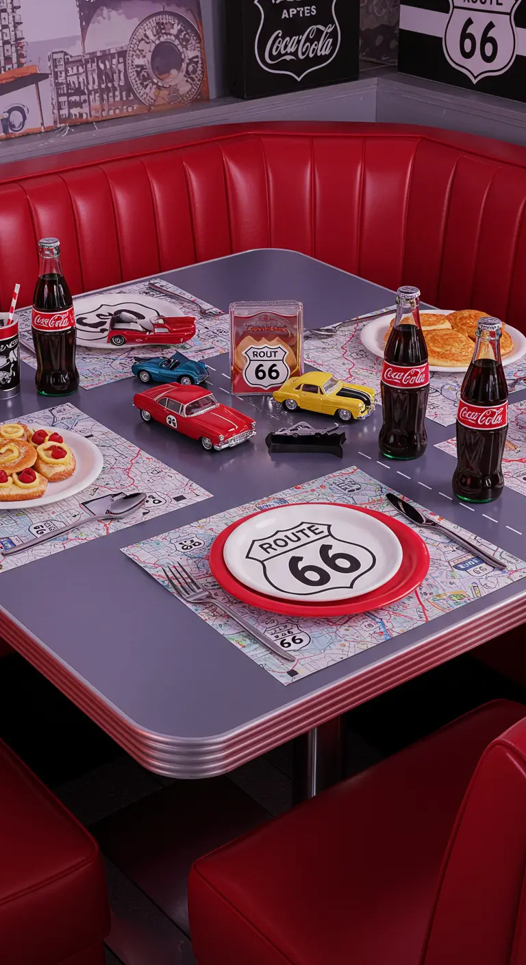 Table de diner américain sur le thème de la Route 66 avec voitures miniatures.