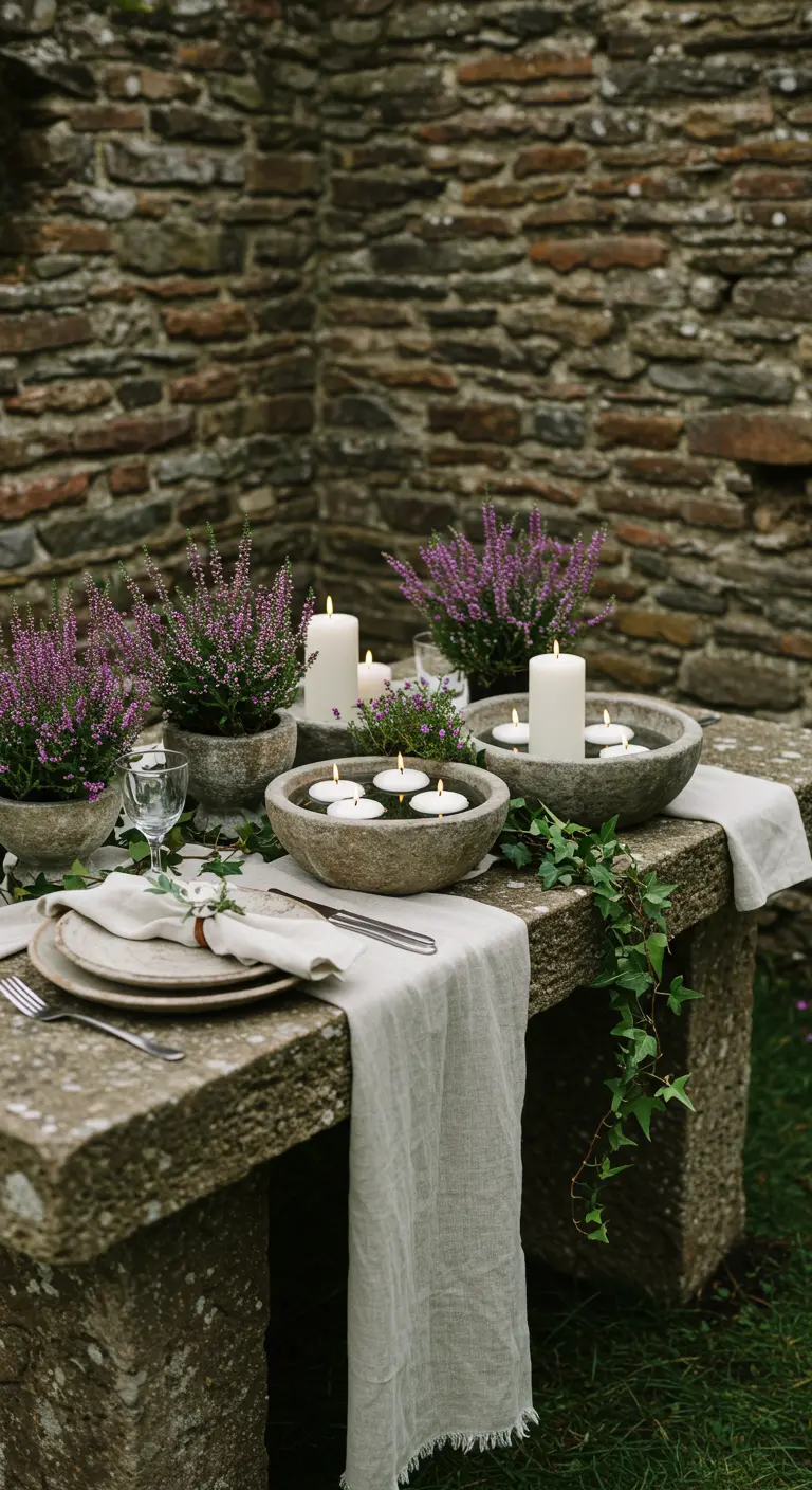 Table en pierre, bruyère en pots, bougies piliers, bols en pierre avec bougies flottantes, lierre.