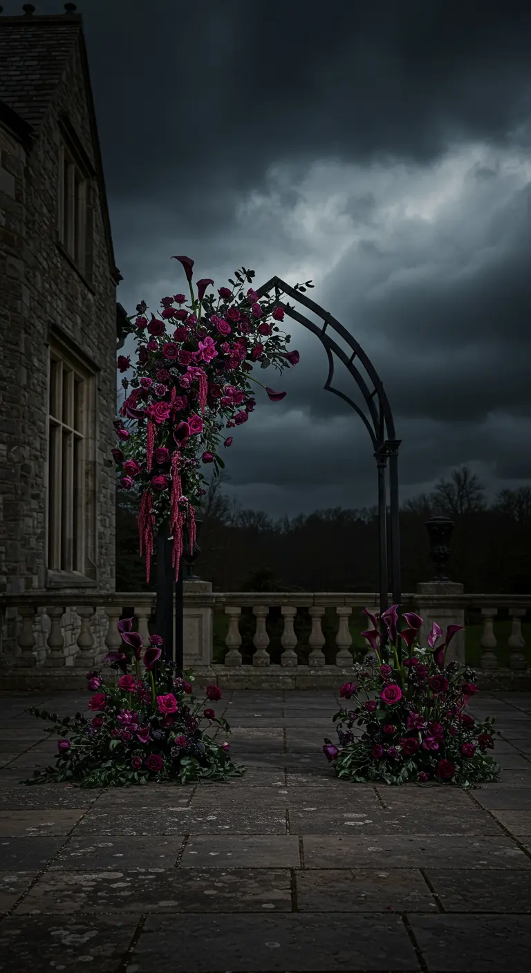 Arche gothique en fer noir avec des fleurs rouge foncé et pourpres devant un manoir.