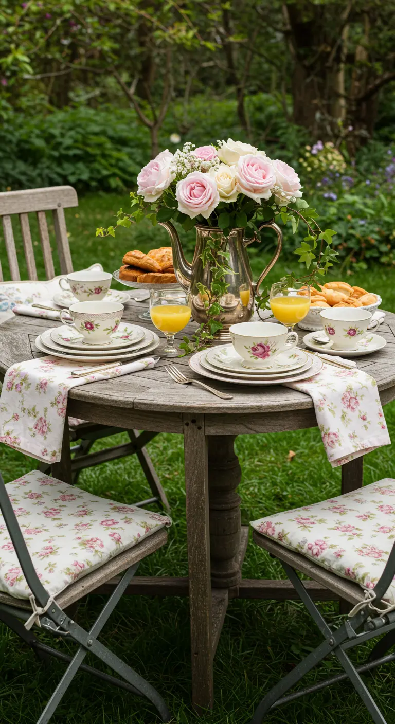Table de jardin en bois avec de la vaisselle et des textiles à motifs de roses anciennes.