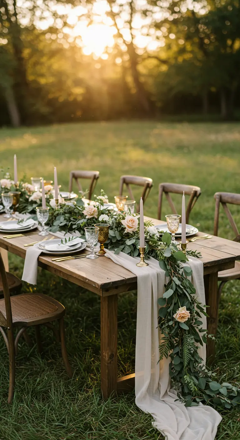 Table de mariage en bois dans un champ, au coucher du soleil, décorée de verdure et de roses.