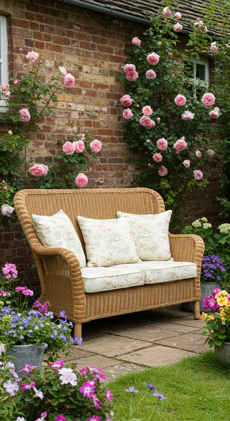 Banc en rotin naturel avec des coussins à motifs de roses, placé devant un mur de briques couvert de rosiers.