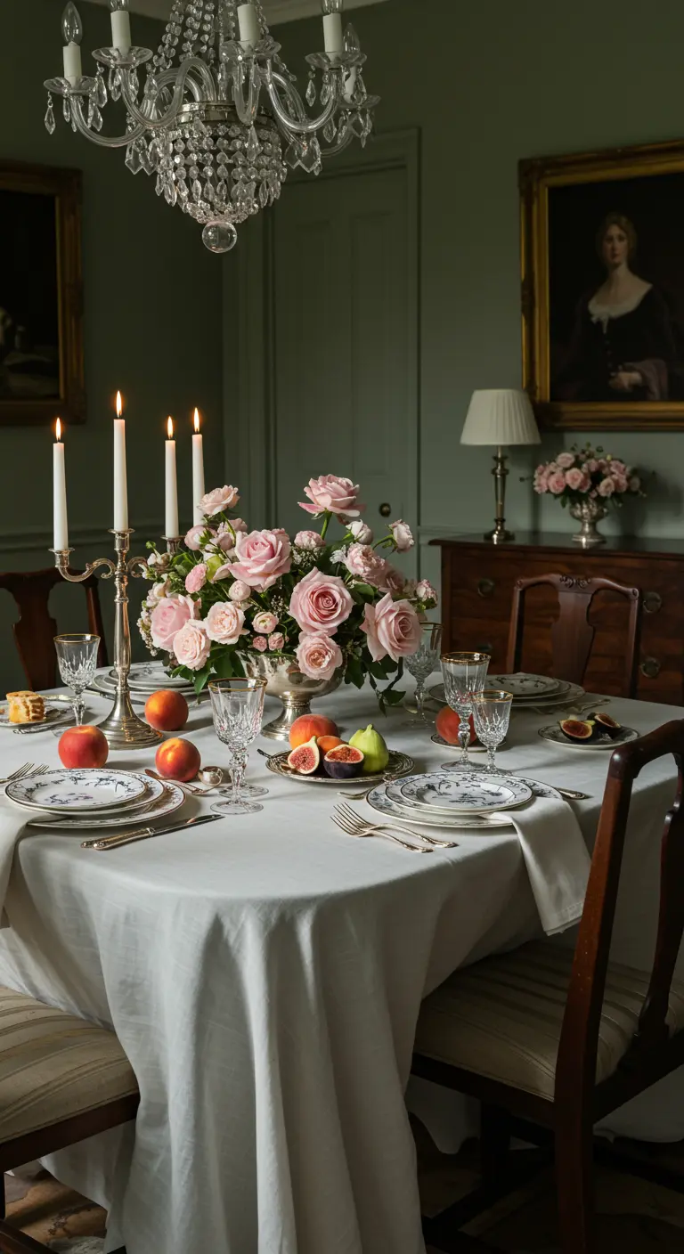Table élégante avec nappe blanche, bouquet de roses roses, fruits frais et chandeliers.