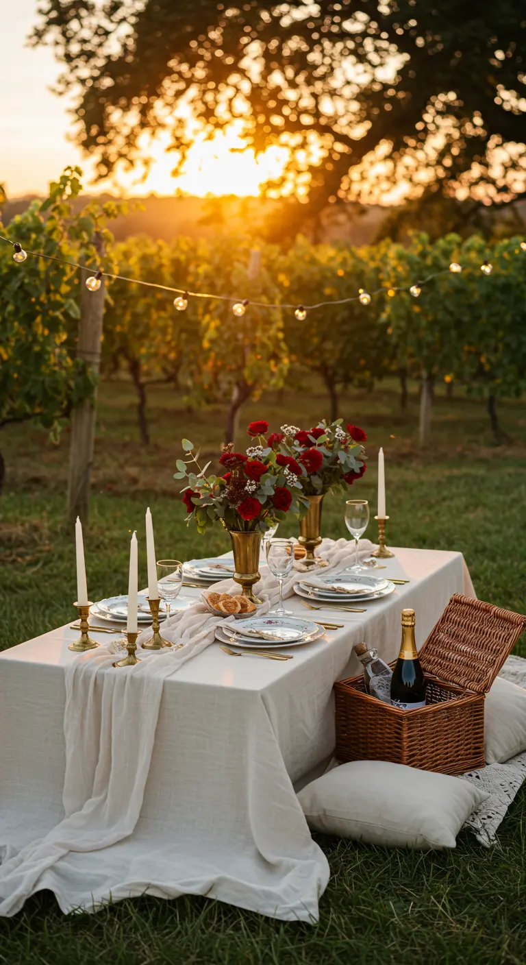 Dîner romantique dans un vignoble au coucher du soleil avec nappe blanche, roses rouges, bougies et champagne.
