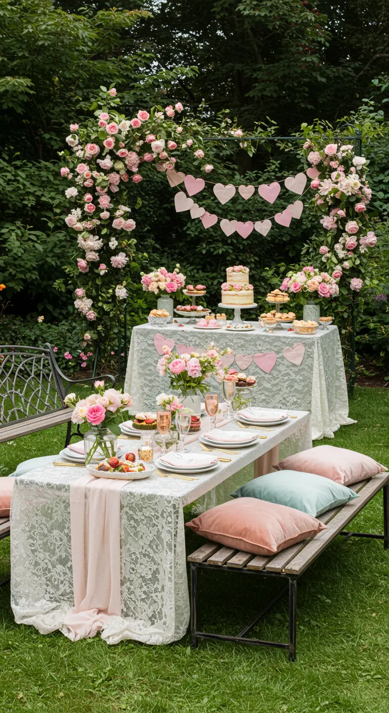 Décor romantique dans un jardin avec une arche de roses, une table en dentelle et des tons pastel.