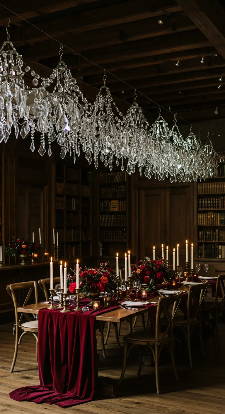 Table en bois dans une bibliothèque sombre, chemin de table en velours rouge et lustres en cristal.