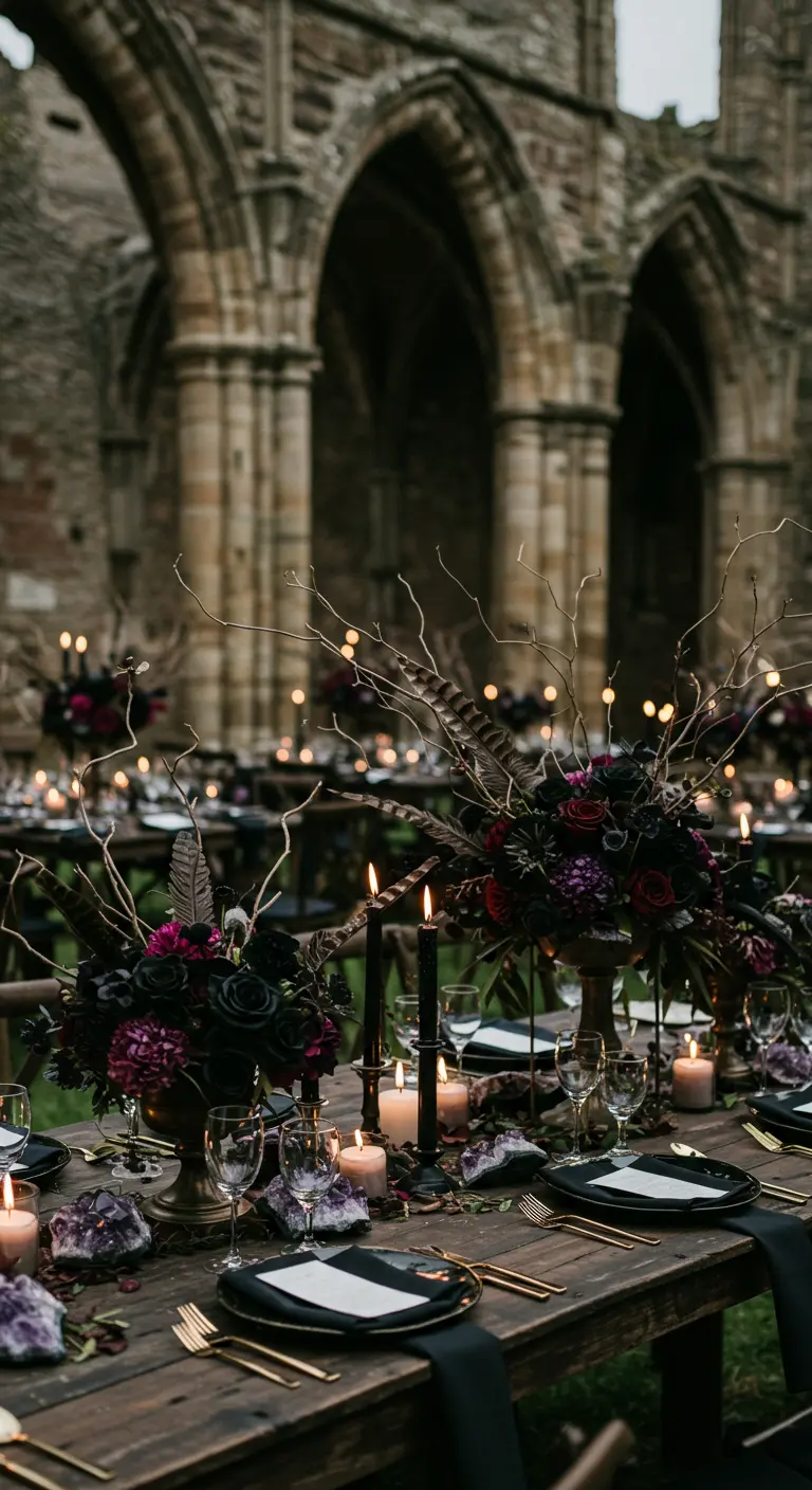 Table de mariage gothique avec des fleurs sombres, des bougies noires et des cristaux.