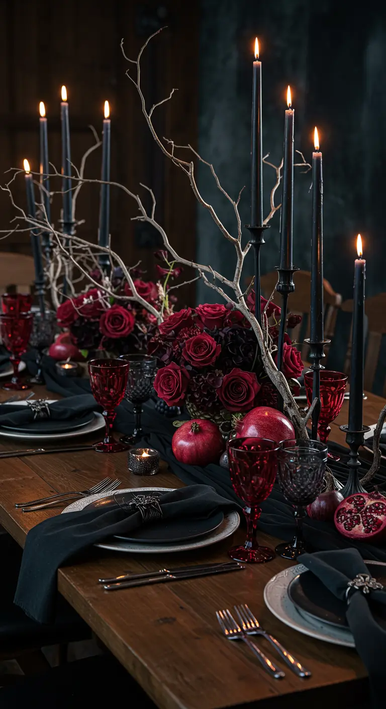 Table gothique avec bougies noires, roses rouges et vaisselle sombre.