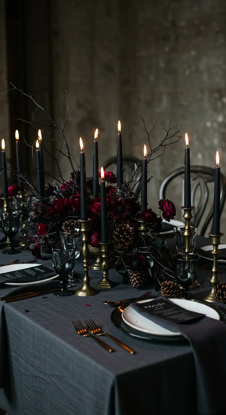 Table de mariage sombre avec nappe grise, bougies noires, et fleurs bordeaux.