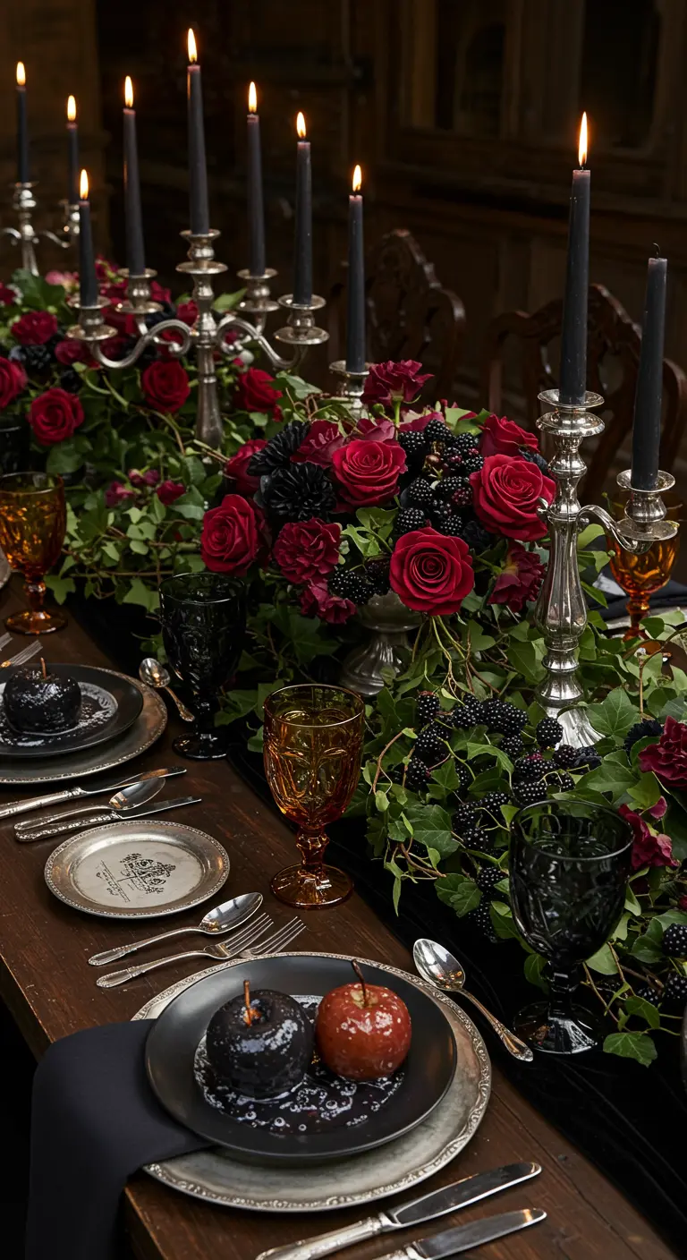 Table de style gothique avec roses rouges, bougies noires et pommes noires.