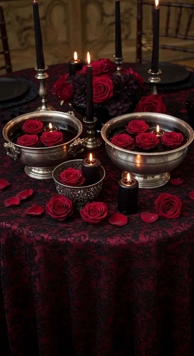 Table gothique avec roses rouges flottantes dans des coupes en argent.