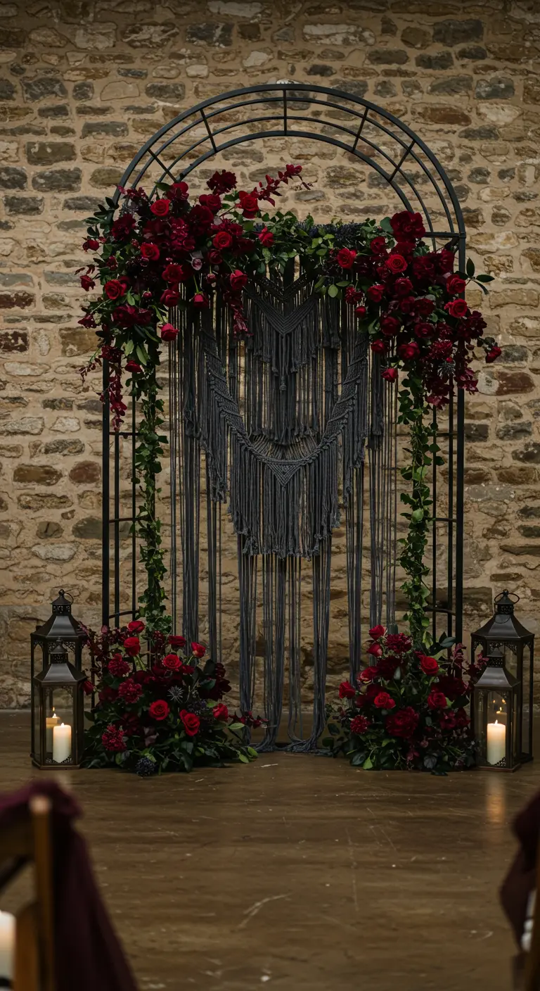 Arche gothique noire avec macramé gris et cascade de roses rouges.