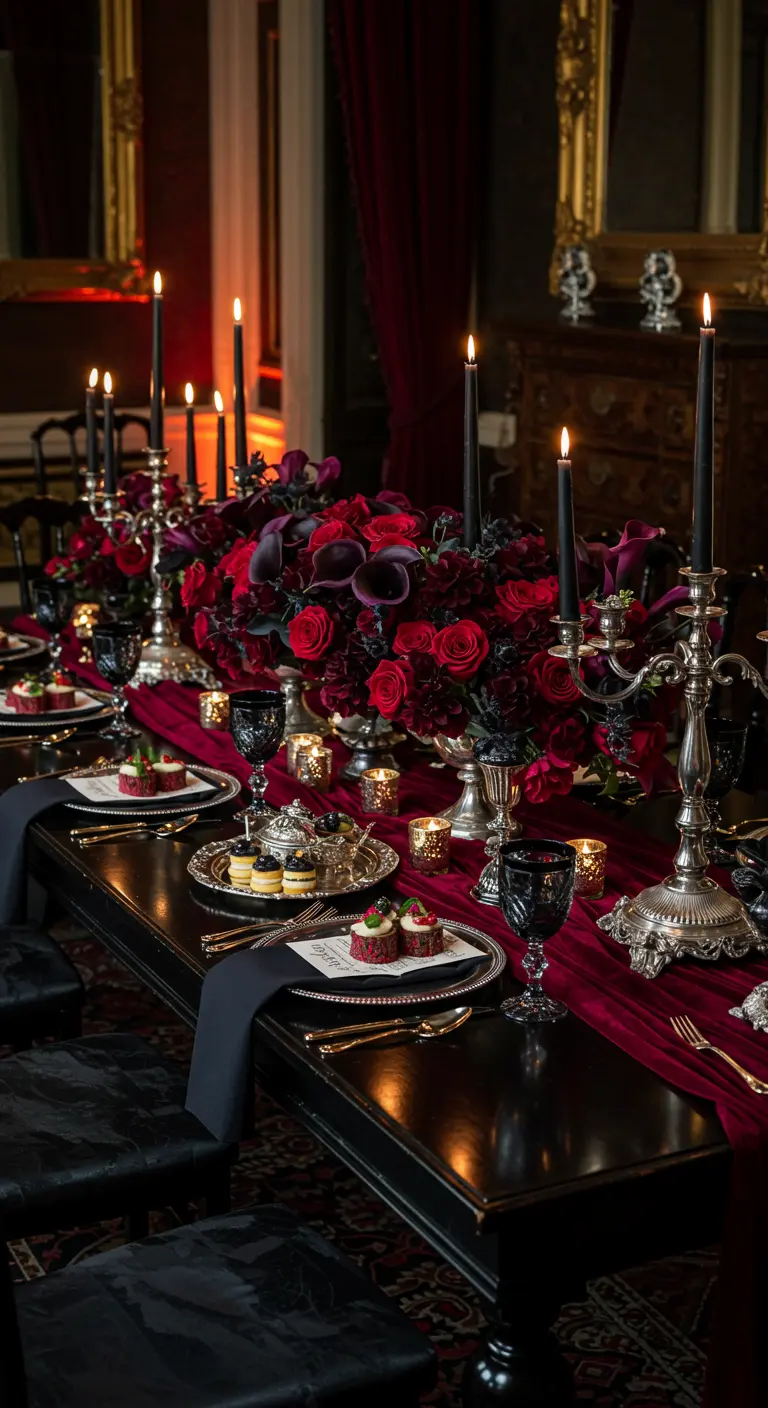 Table de banquet gothique avec des roses rouges, des bougies noires et de l'argenterie