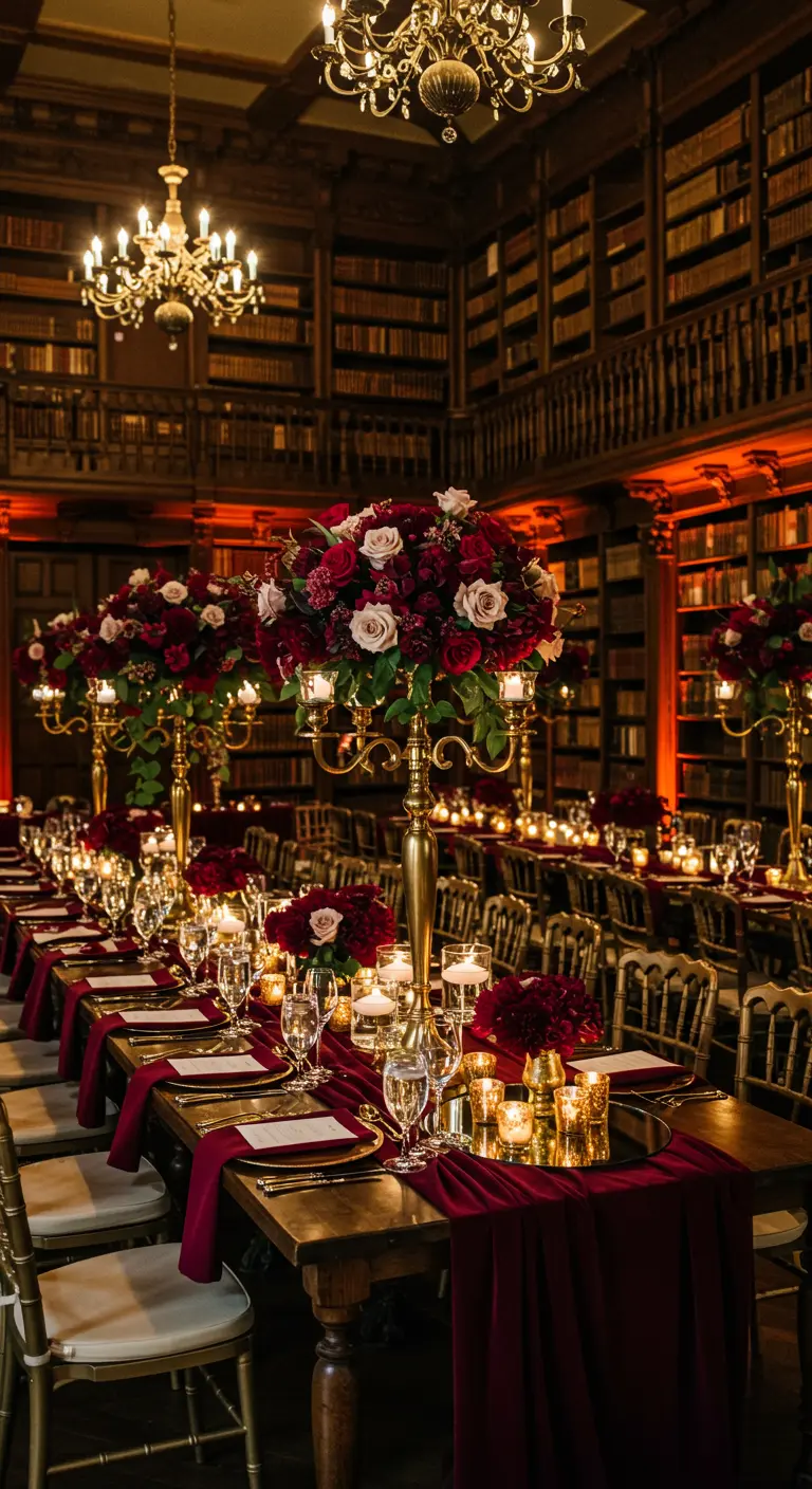 Table de mariage opulente dans une bibliothèque avec des roses rouges et des chandeliers dorés.