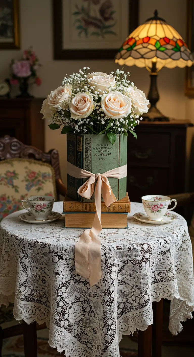 Bouquet de roses dans une boîte à chapeau posée sur une pile de livres vintage.