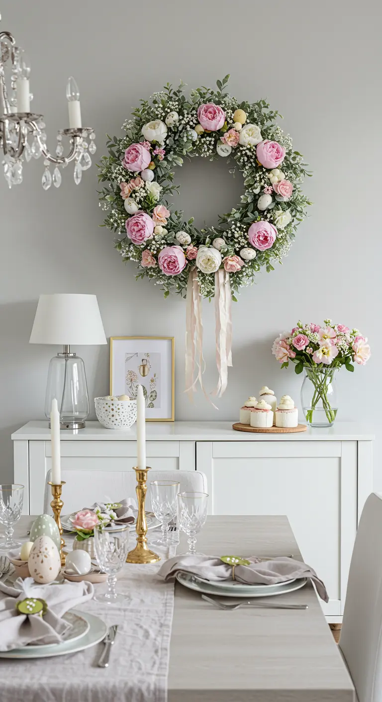 Couronne de pivoines roses et gypsophile accrochée au-dessus d'un buffet de Pâques chic.