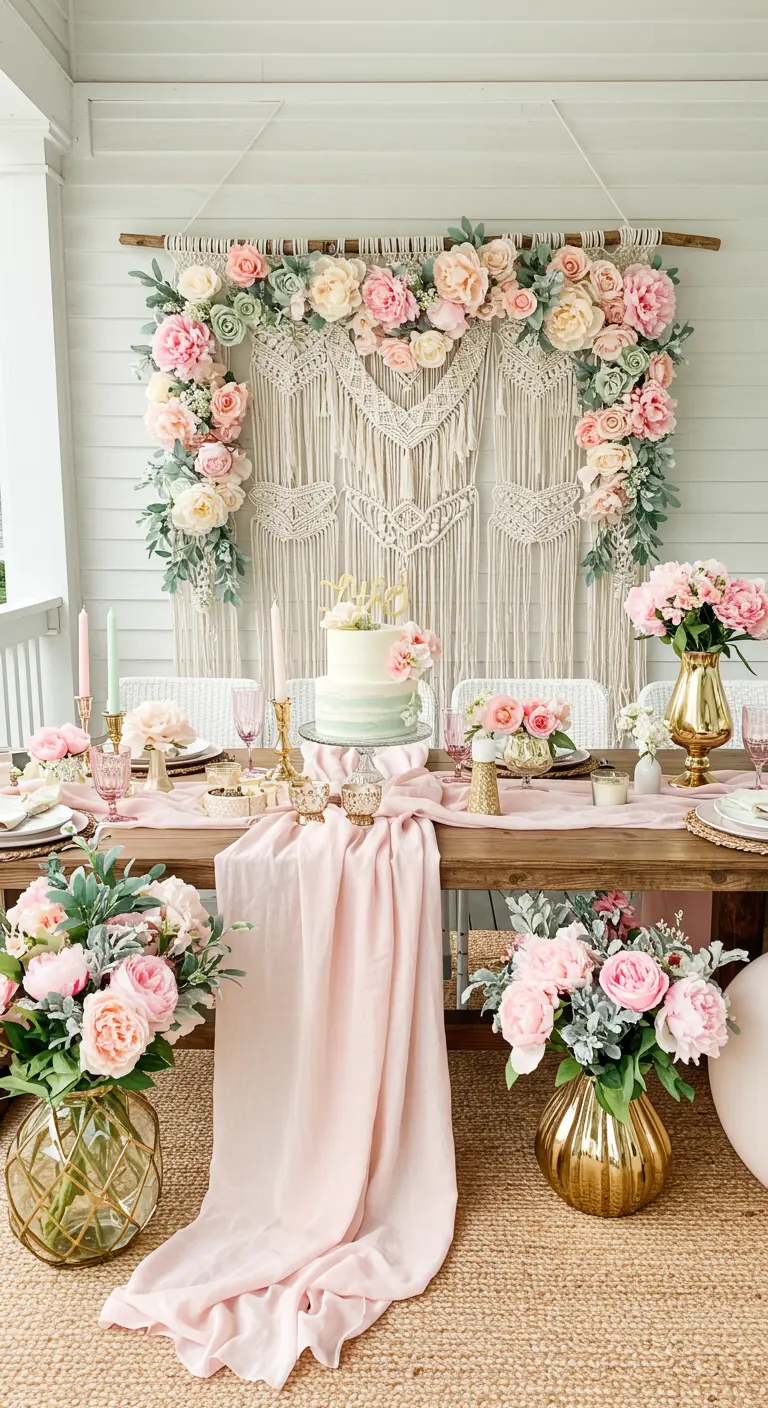 Table d'anniversaire romantique avec un macramé orné de fleurs roses.