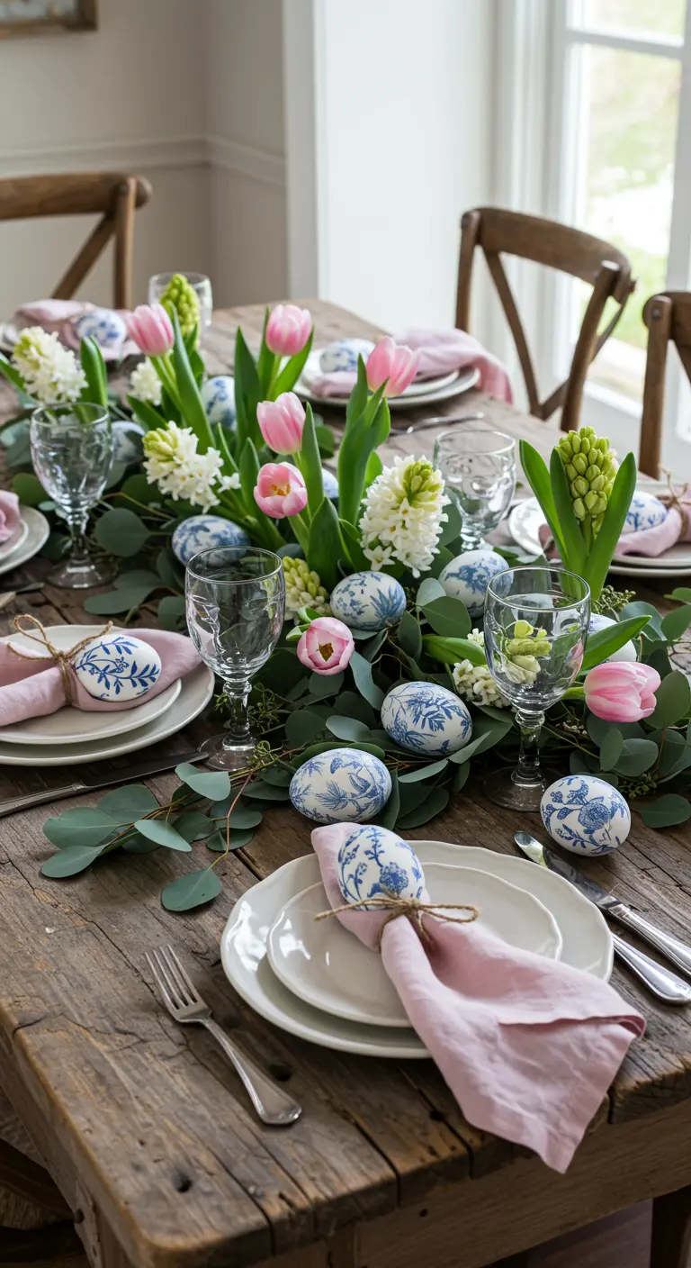 Table de Pâques rustique avec tulipes roses, œufs bleus et serviettes en lin.