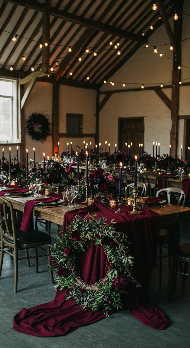 Table de banquet sombre avec nappe bordeaux, couronne florale et bougies noires