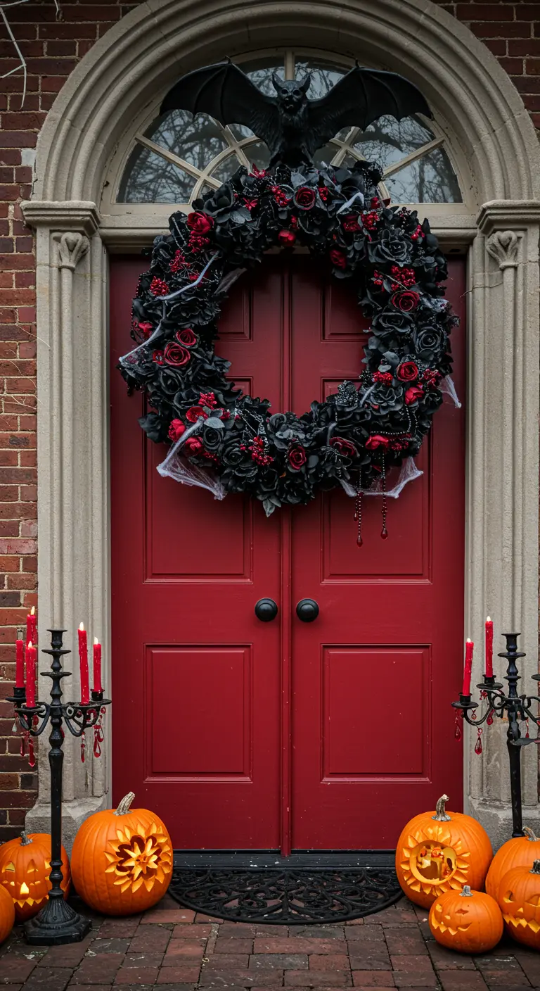 Porte rouge avec une couronne de roses noires et rouges, flanquée de candélabres.