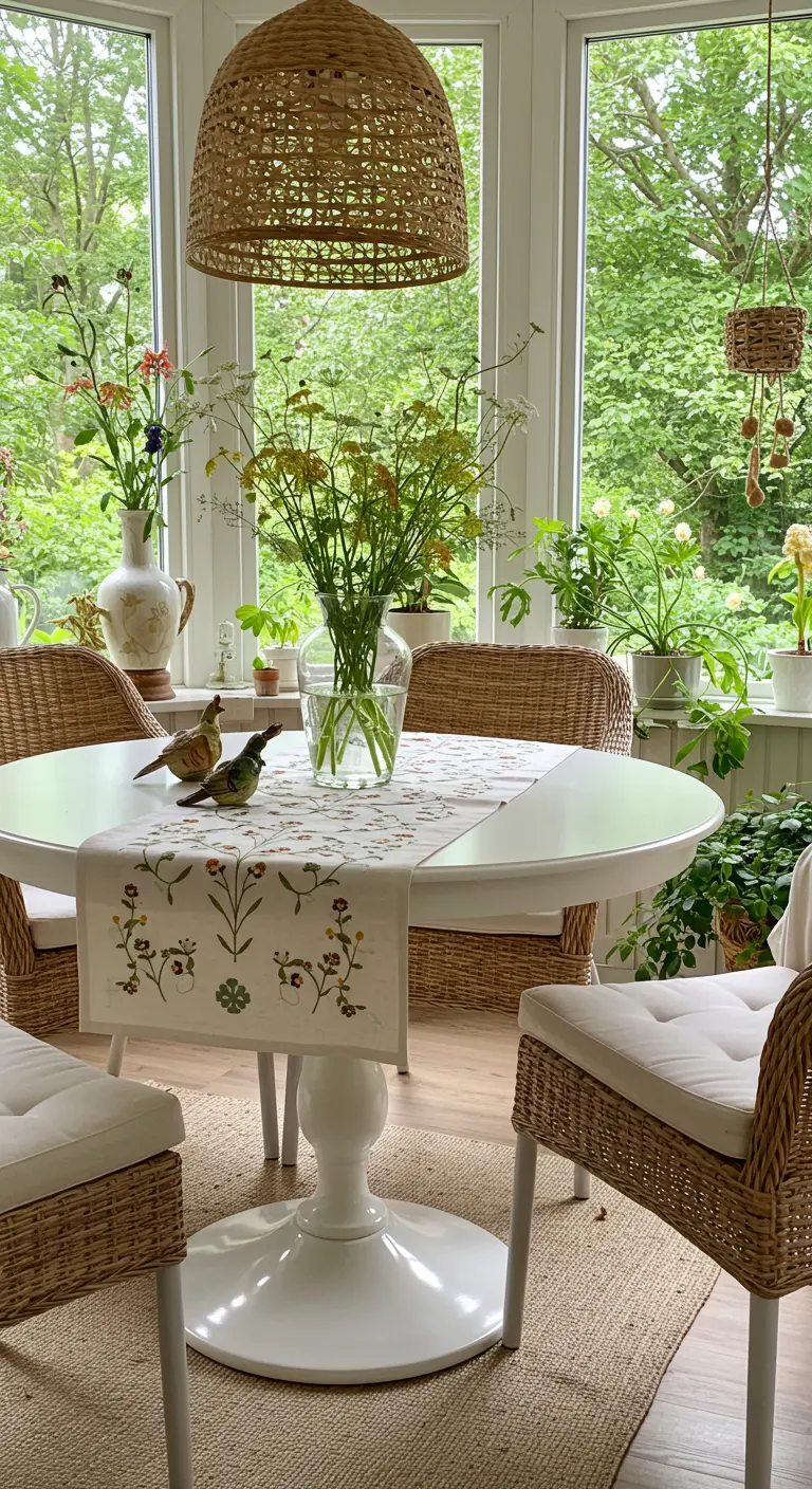 Chemin de table brodé de fleurs avec un bouquet de fleurs sauvages dans un vase transparent.