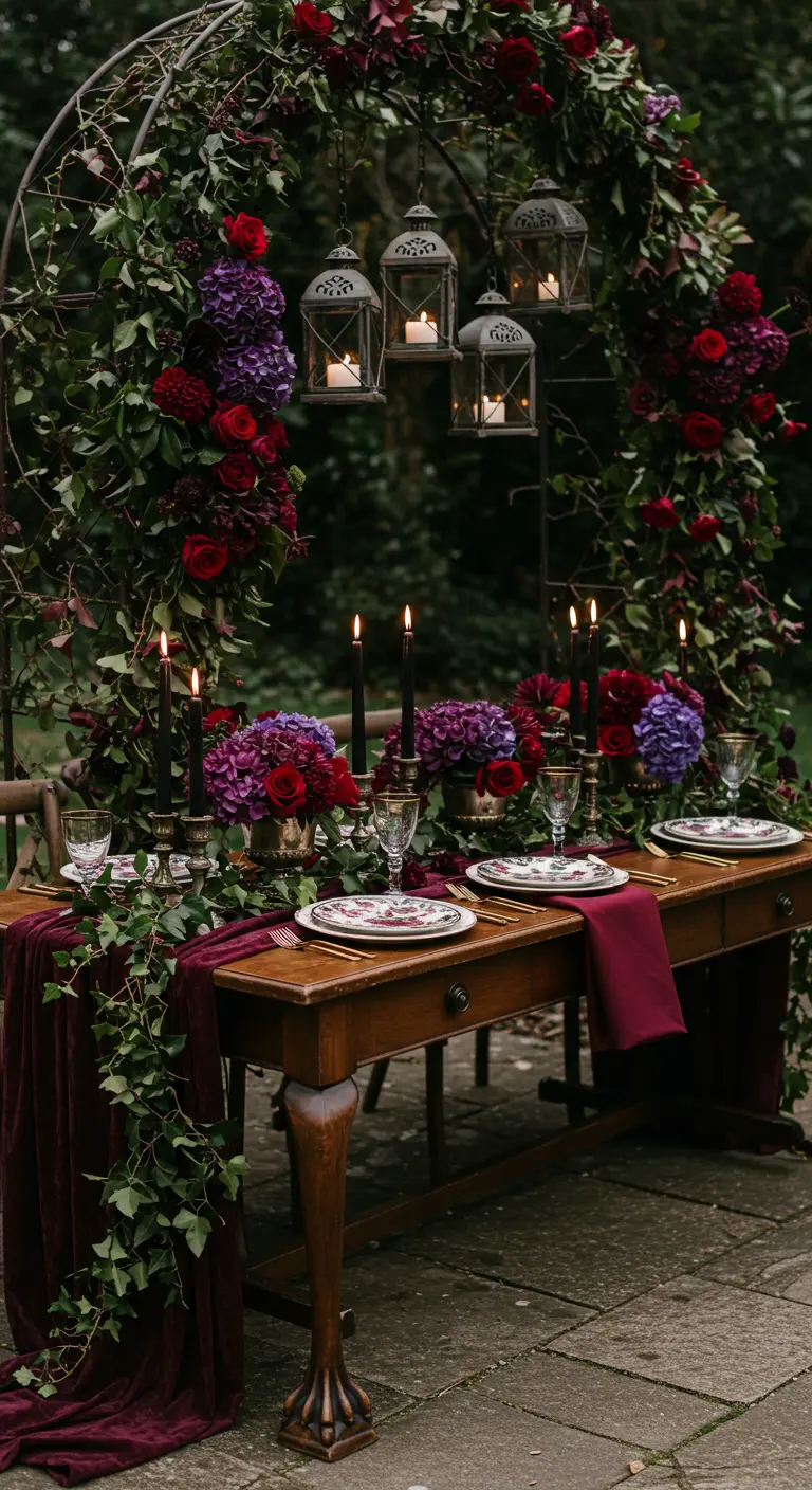 Table romantique gothique sous arche florale rouge et violette, bougies noires, velours.