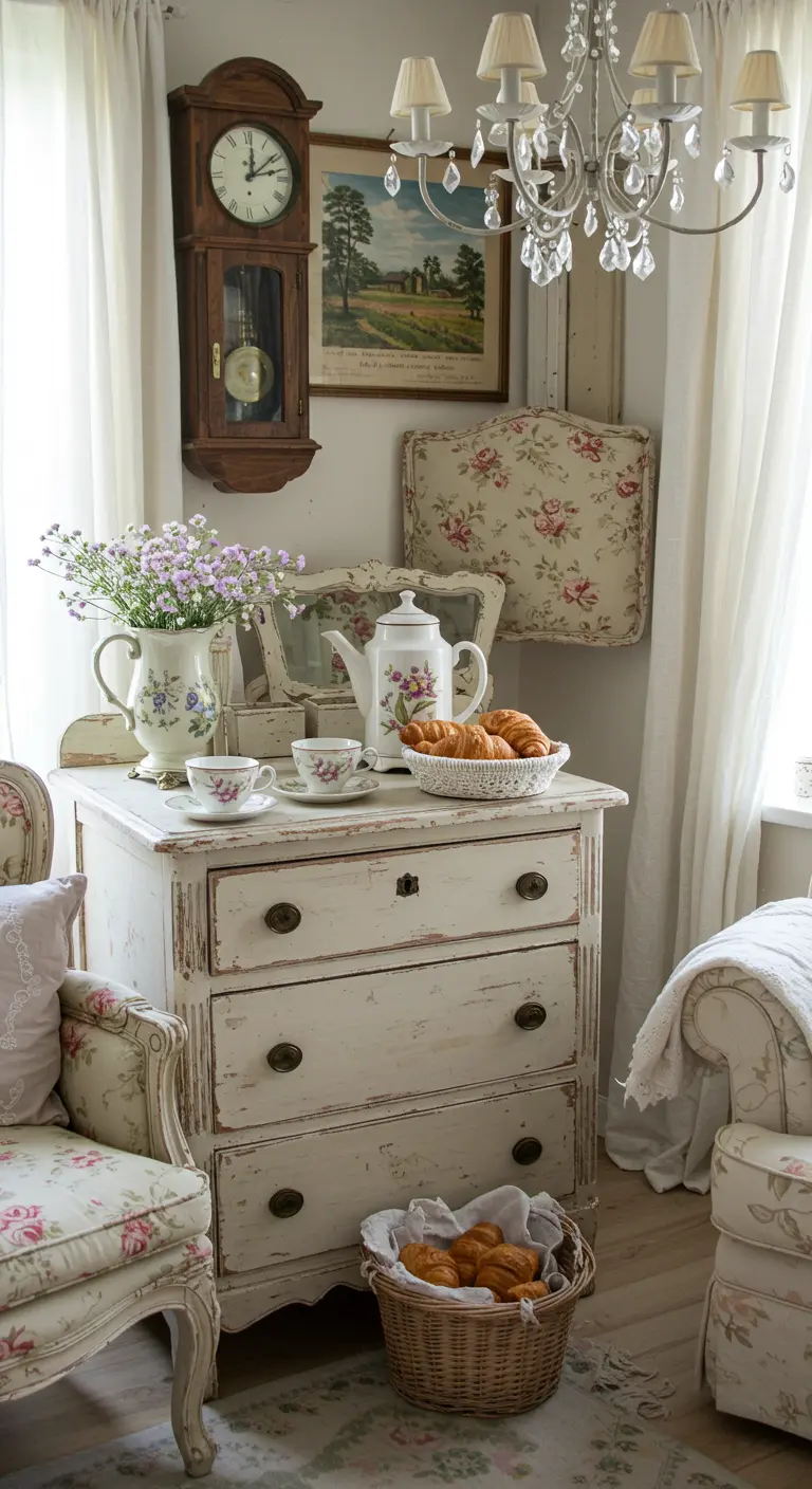 Commode Shabby Chic blanche avec théière florale, tasses et fleurs fraîches.