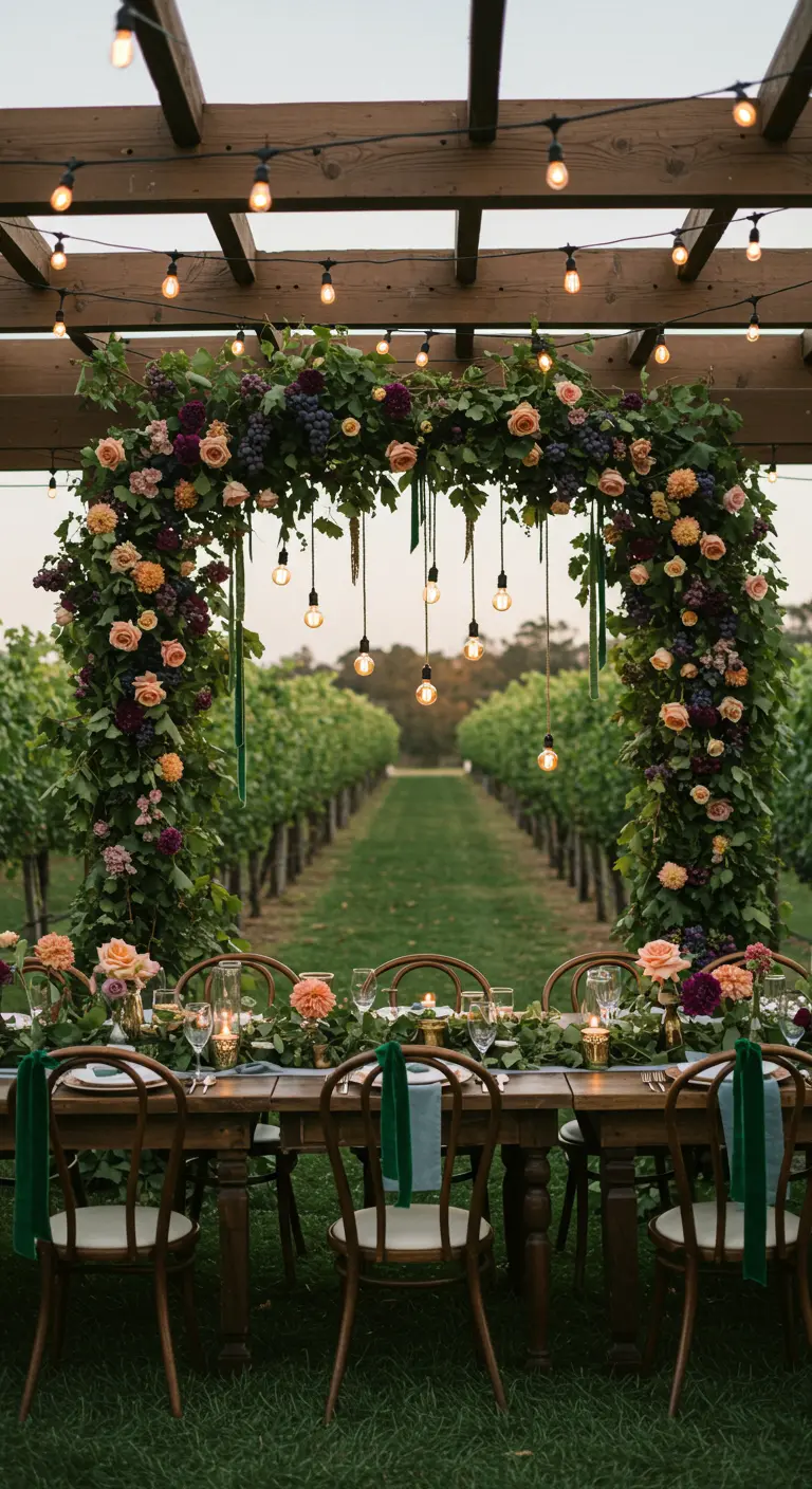 Arche de pergola fleurie de roses foncées et feuillage dans un vignoble, illuminée par des guirlandes lumineuses.