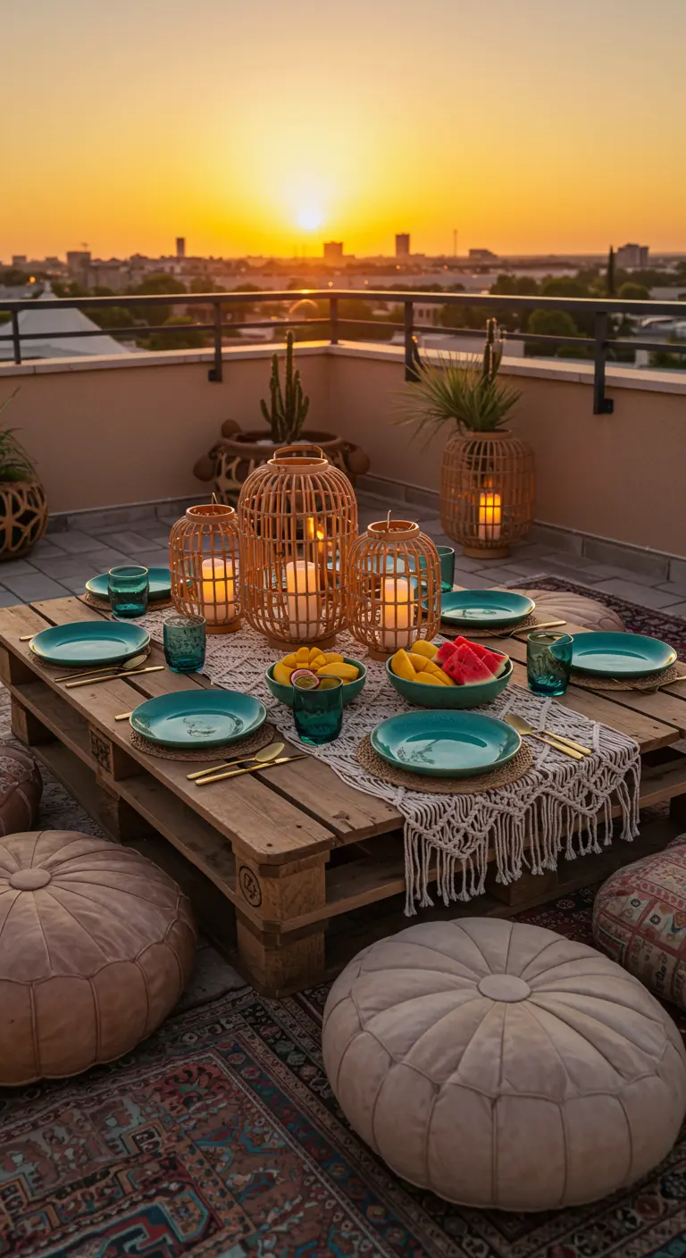 Table basse en palette sur un rooftop, avec poufs, lanternes et vaisselle turquoise.