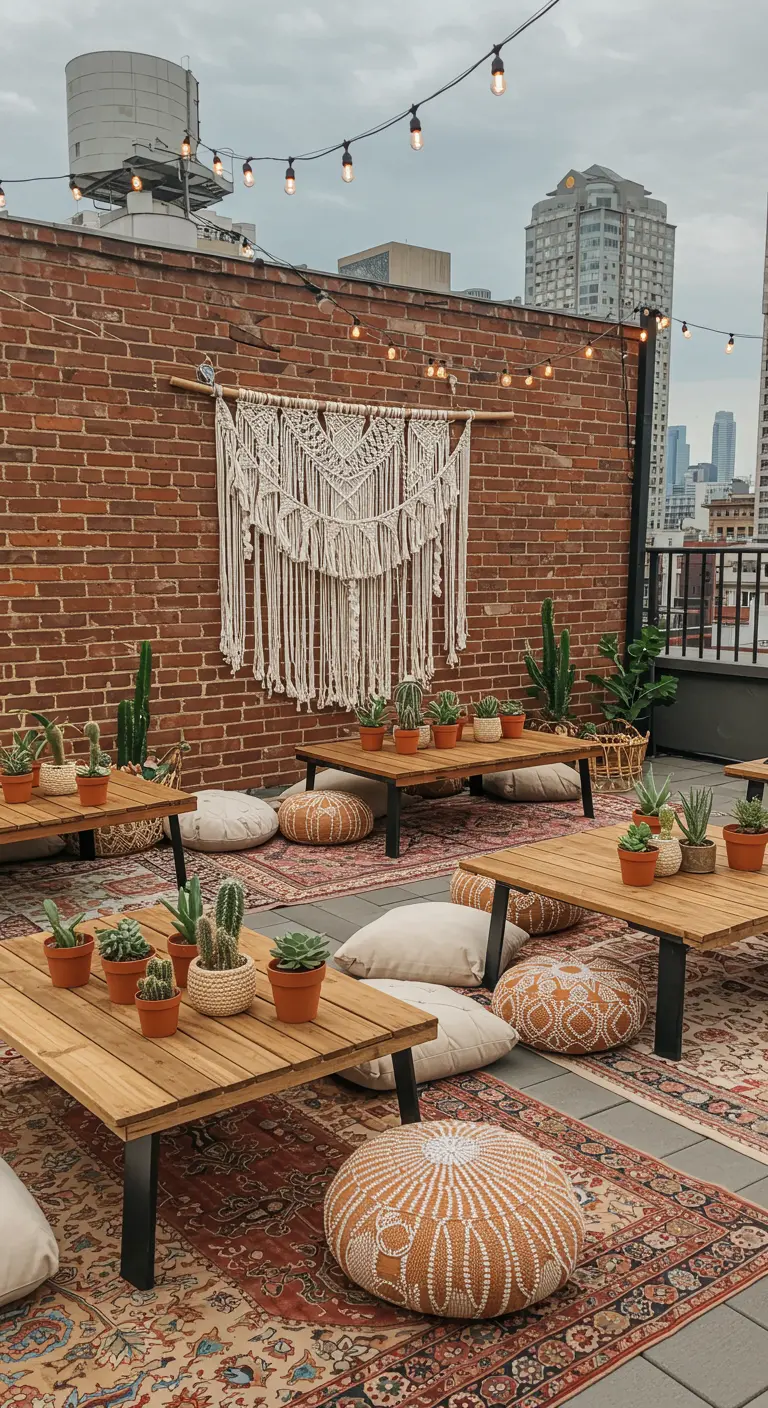 Fête d'anniversaire sur un rooftop avec tapis, tables basses et cactus.